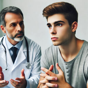 A concerned urologist speaking to a young male patient about the dangers of testosterone supplementation.